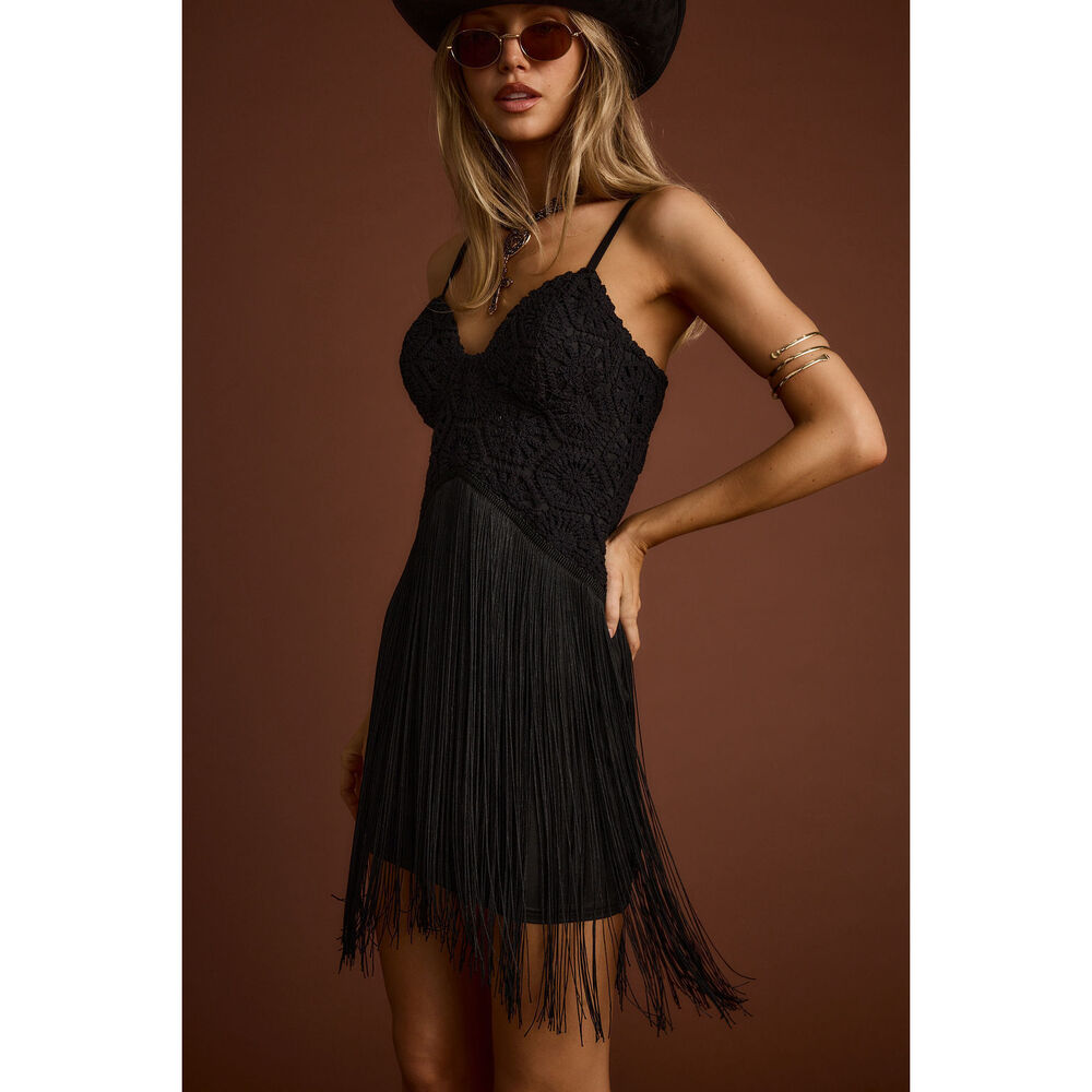 12th Tribe Finnley Black Crochet Fringe Mini Dress Size MM